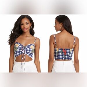 Cara Cara Ruched Sweetheart Cotton Crop Top Gingham Floral Navy/Size XS